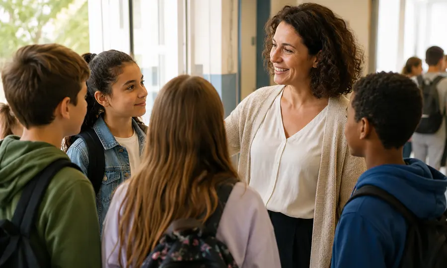 Une professionnelle de l'éducation qui accueille des collégiens