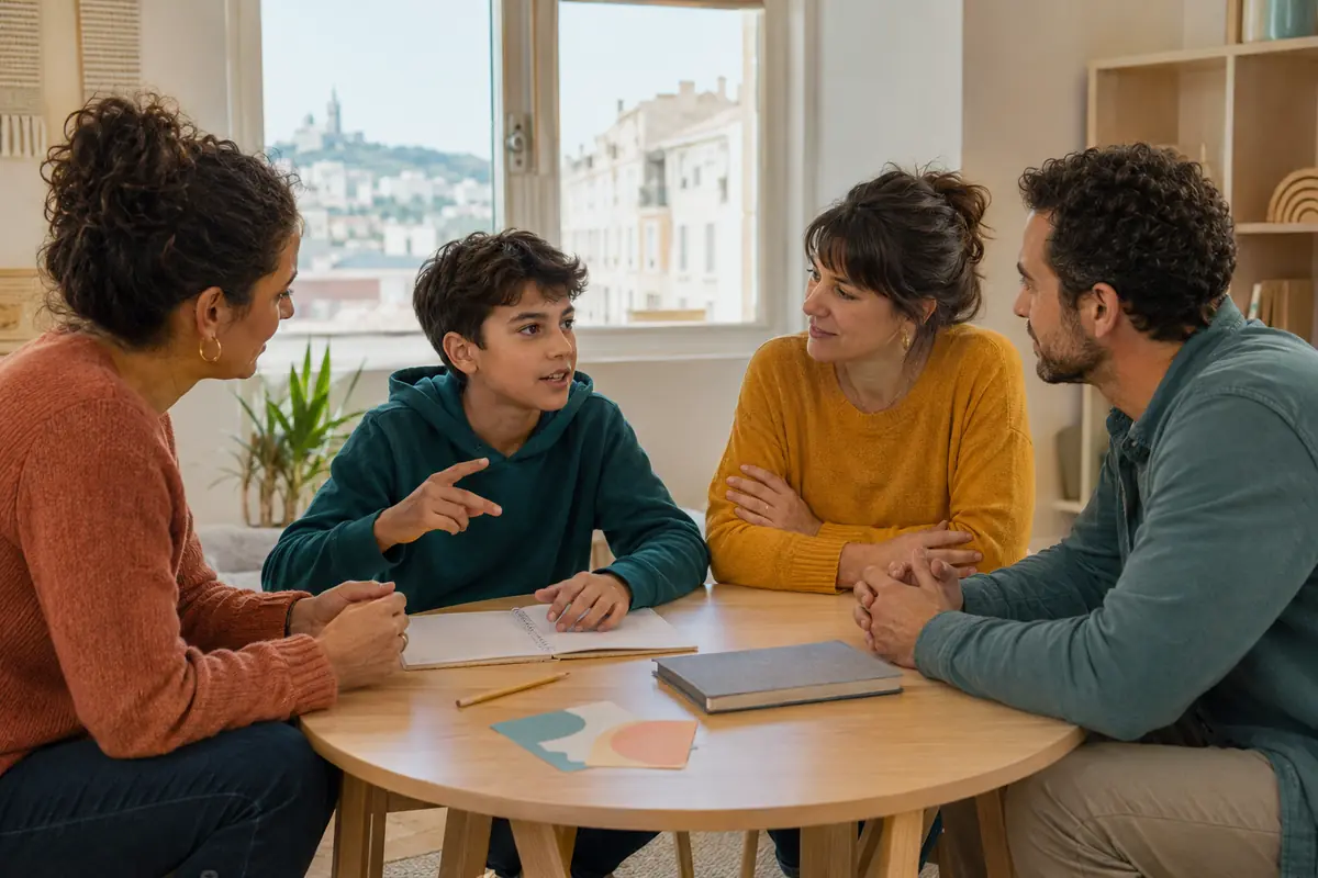 Quatre regards réunis autour de l’enfant. - Maison CINCLUS