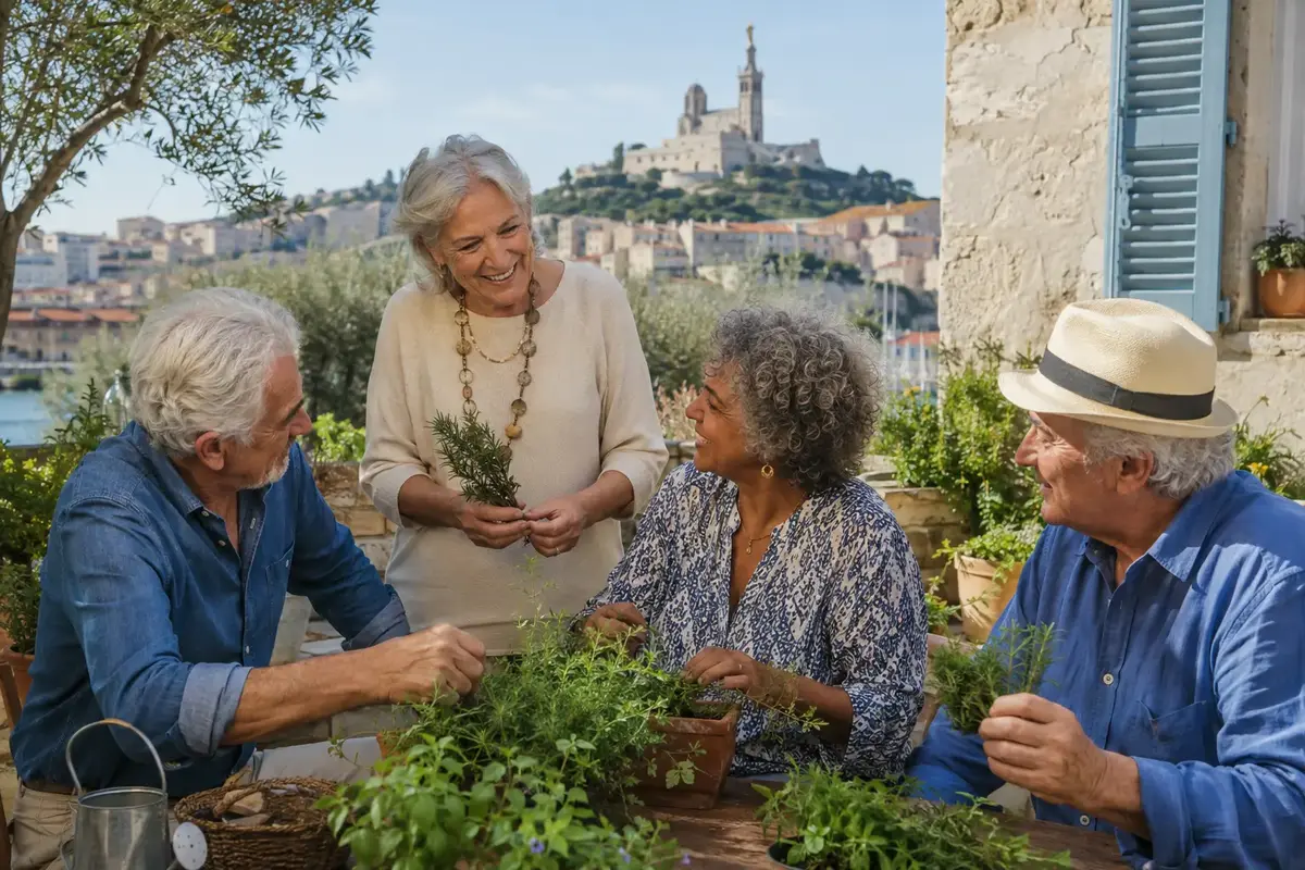 Seniors autonomes partageant une activité conviviale à Marseille